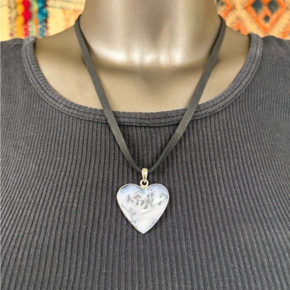 Sterling Silver and leather cord necklace with heart shaped Dendritic Opal